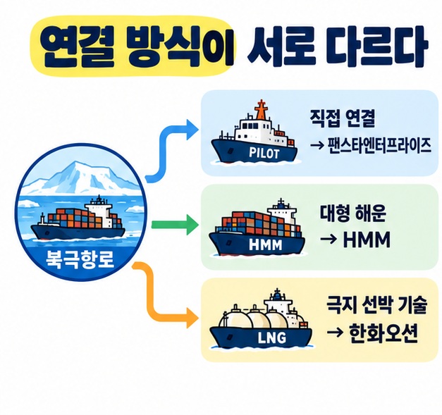팬스타엔터프라이즈는 직접 연결, HMM은 해운, 한화오션은 극지 선박 기술로 비교한 카드