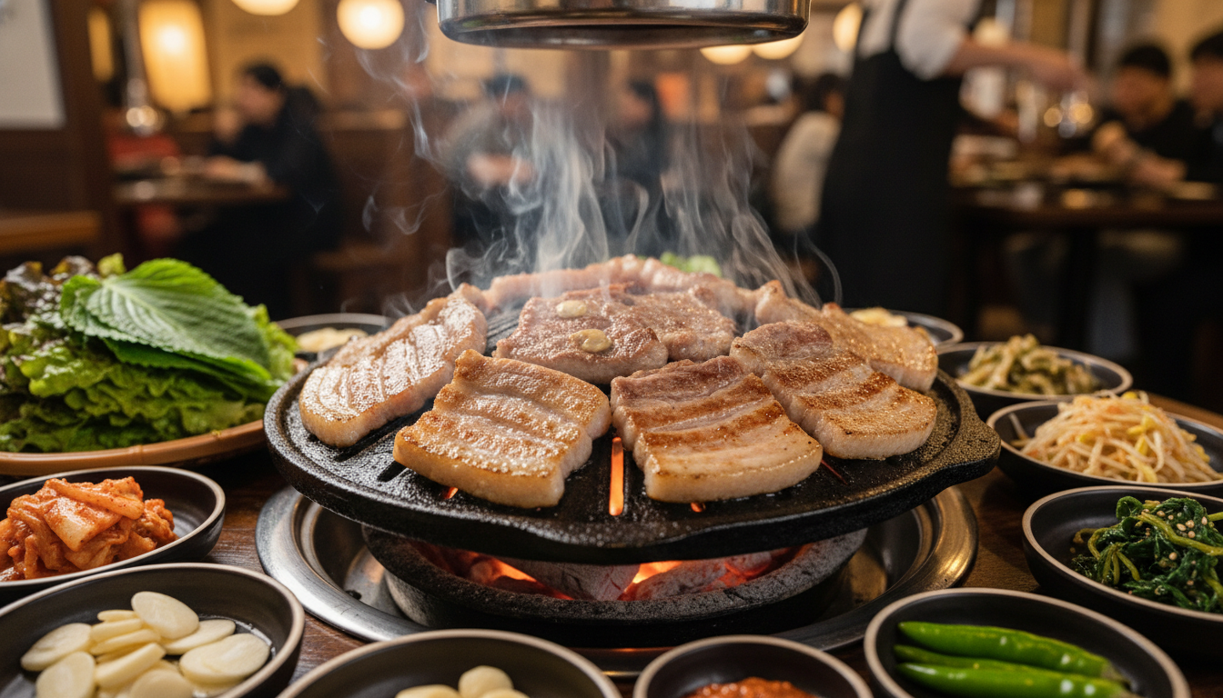 뜨거운 불판 위에서 맛있게 익어가는 문경 약돌돼지 삼겹살과 신선한 쌈 채소