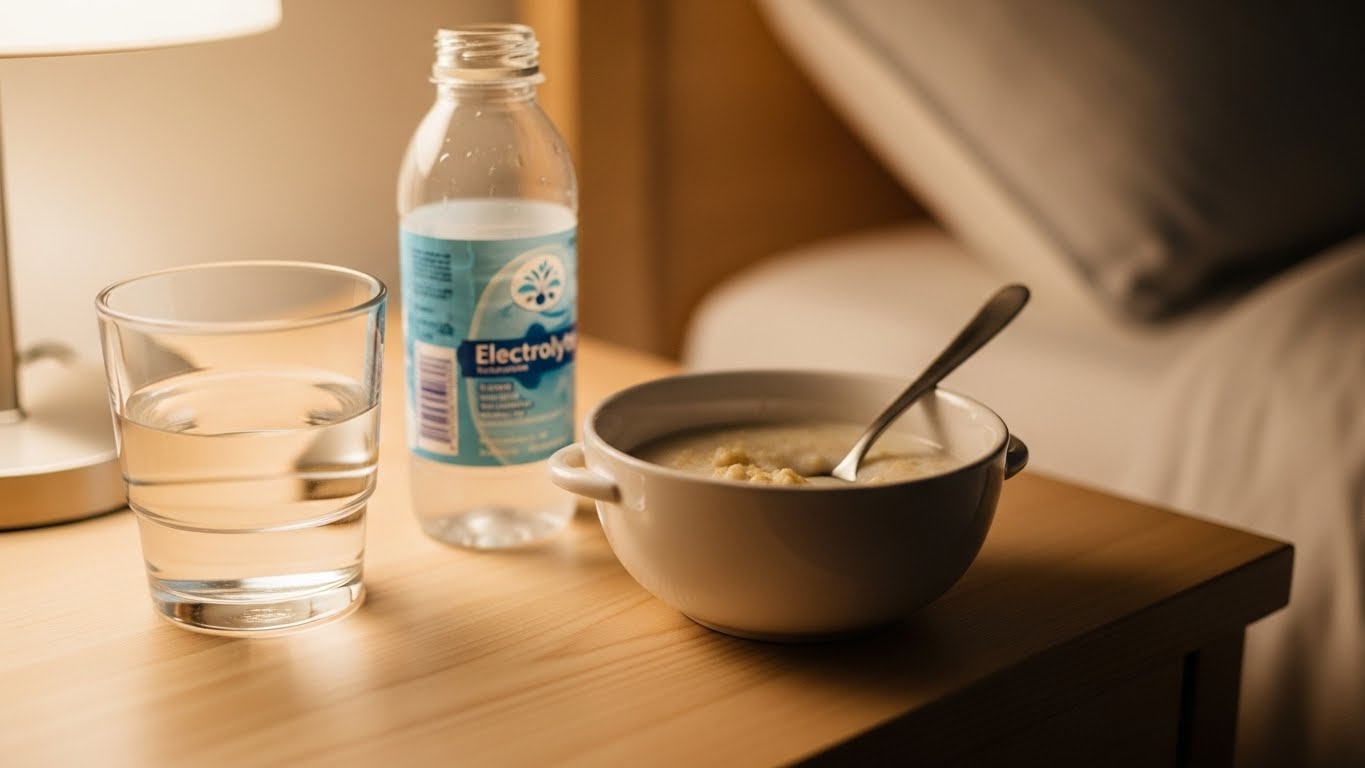 침대-옆-탁자-위에-전해질-음료,-물,-그리고-작은-죽-한-그릇이-놓인-사실적인-이미지입니다.