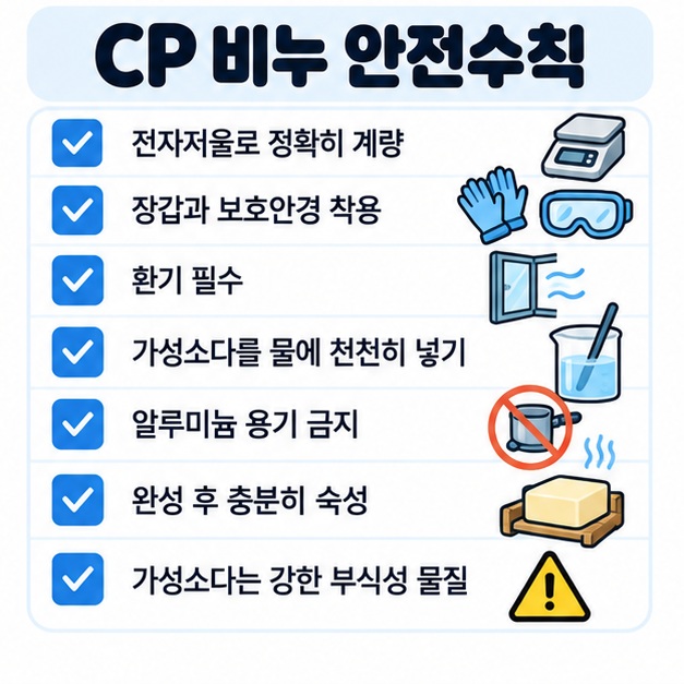 CP 비누 제작 시 전자저울, 장갑, 보호안경, 환기, 가성소다를 물에 천천히 넣기, 충분한 숙성을 지키도록 정리한 카드