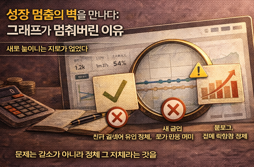 블로그 분석 화면에서 신규 검색어와 새로운 유입 흐름이 정체된 상태를 보여주는 그래프 이미지