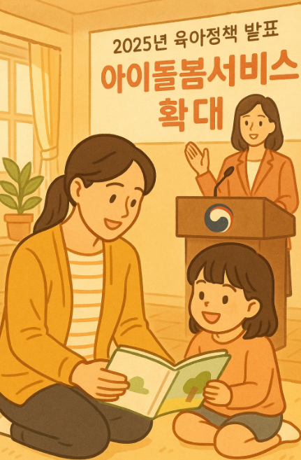 2025 아이돌봄서비스 확대 정책 발표를 상징하는 따뜻한 돌봄 장면 일러스트