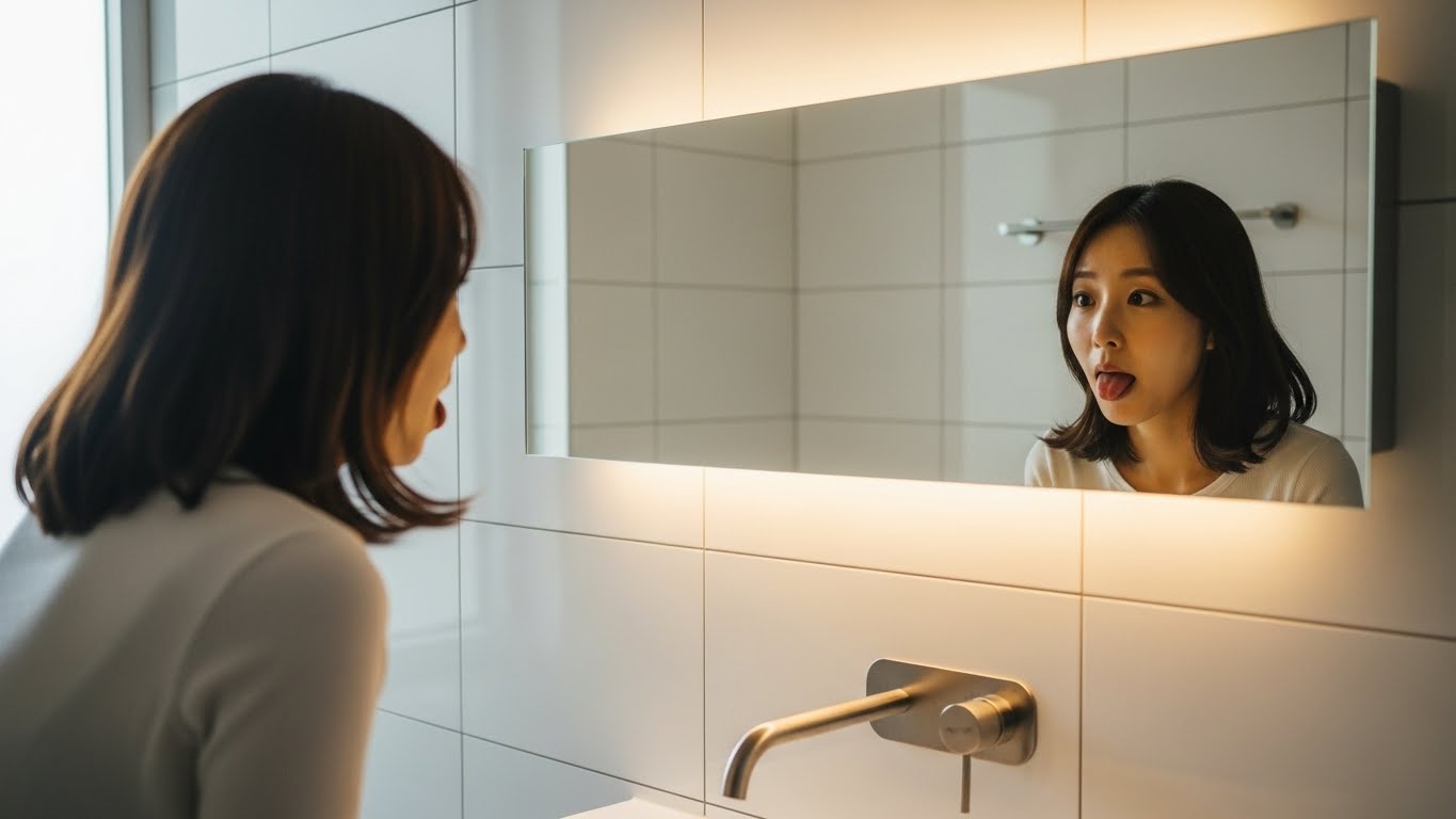 아침에 일어나 거울 앞에서 자신의 혀 상태와 백태 유무를 체크하는 모습