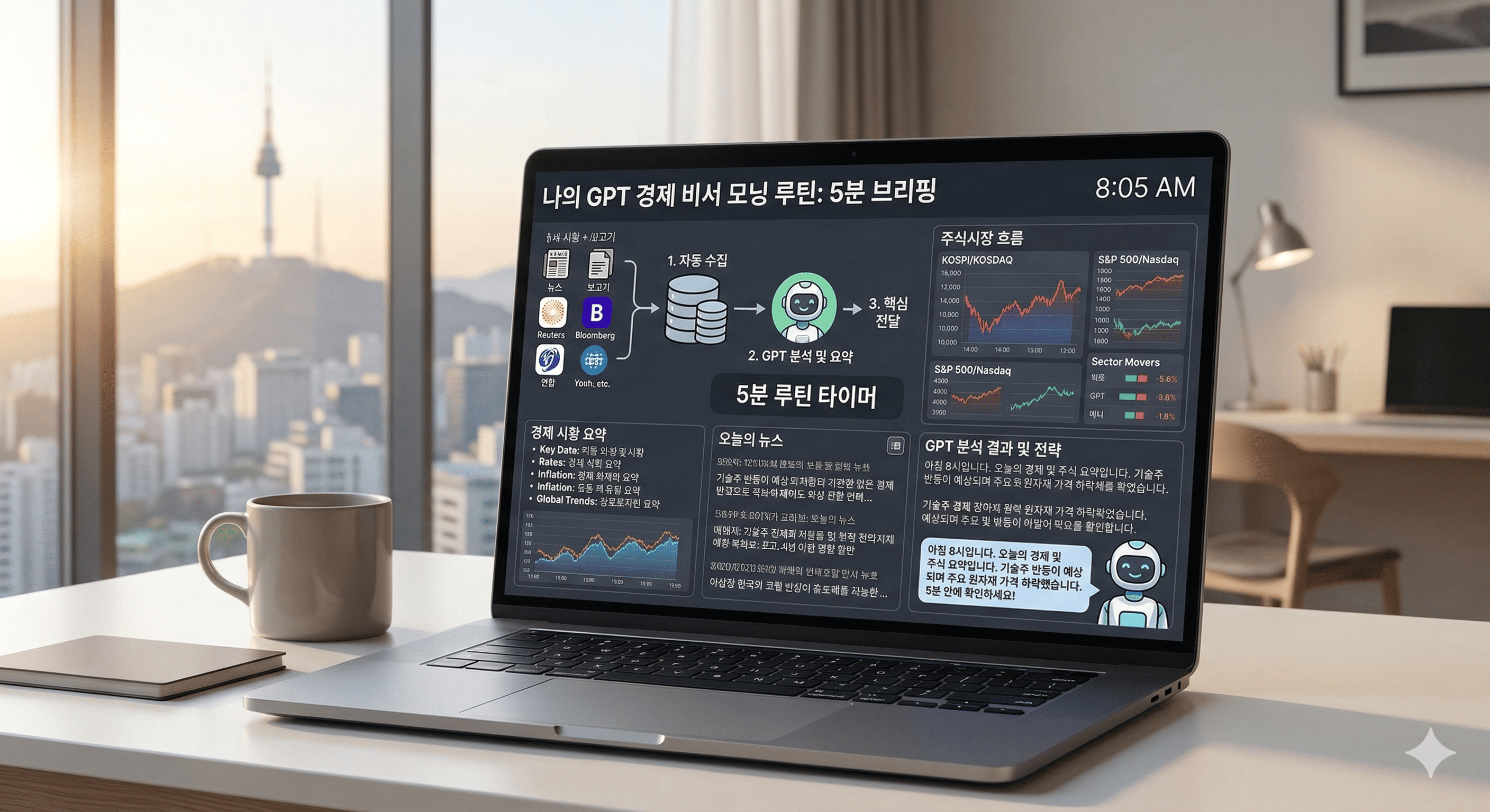 매일 아침 5분 안에 경제 시황과 주식시장 흐름을 받는 맞춤형 GPT 루틴을 표현한 대시보드 이미지
