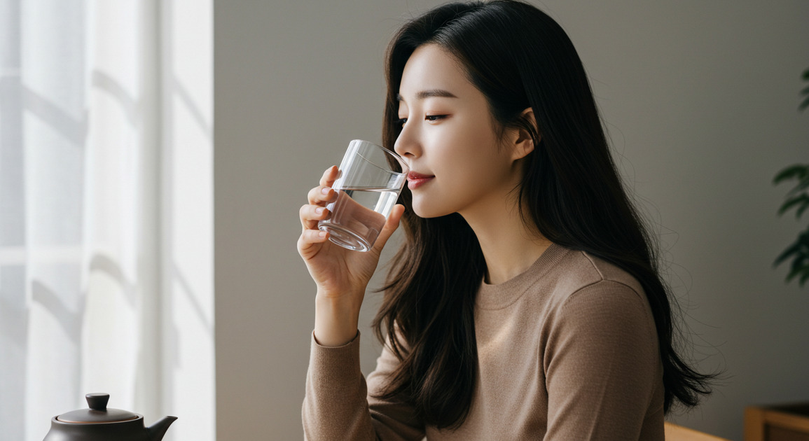 간을 지키기 위해 물 마시는 여성 이미지