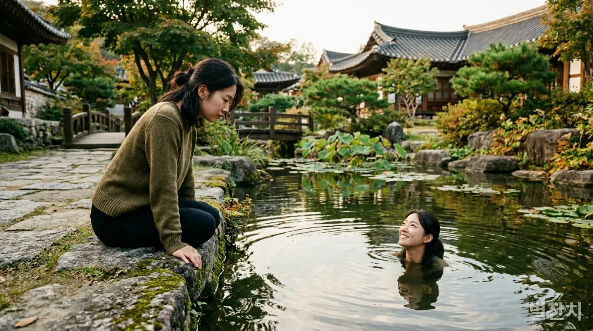한국 여성이 전통 정원에서 물에 비친 자신의 모습을 보며 '나다움'의 의미를 생각하는 모습