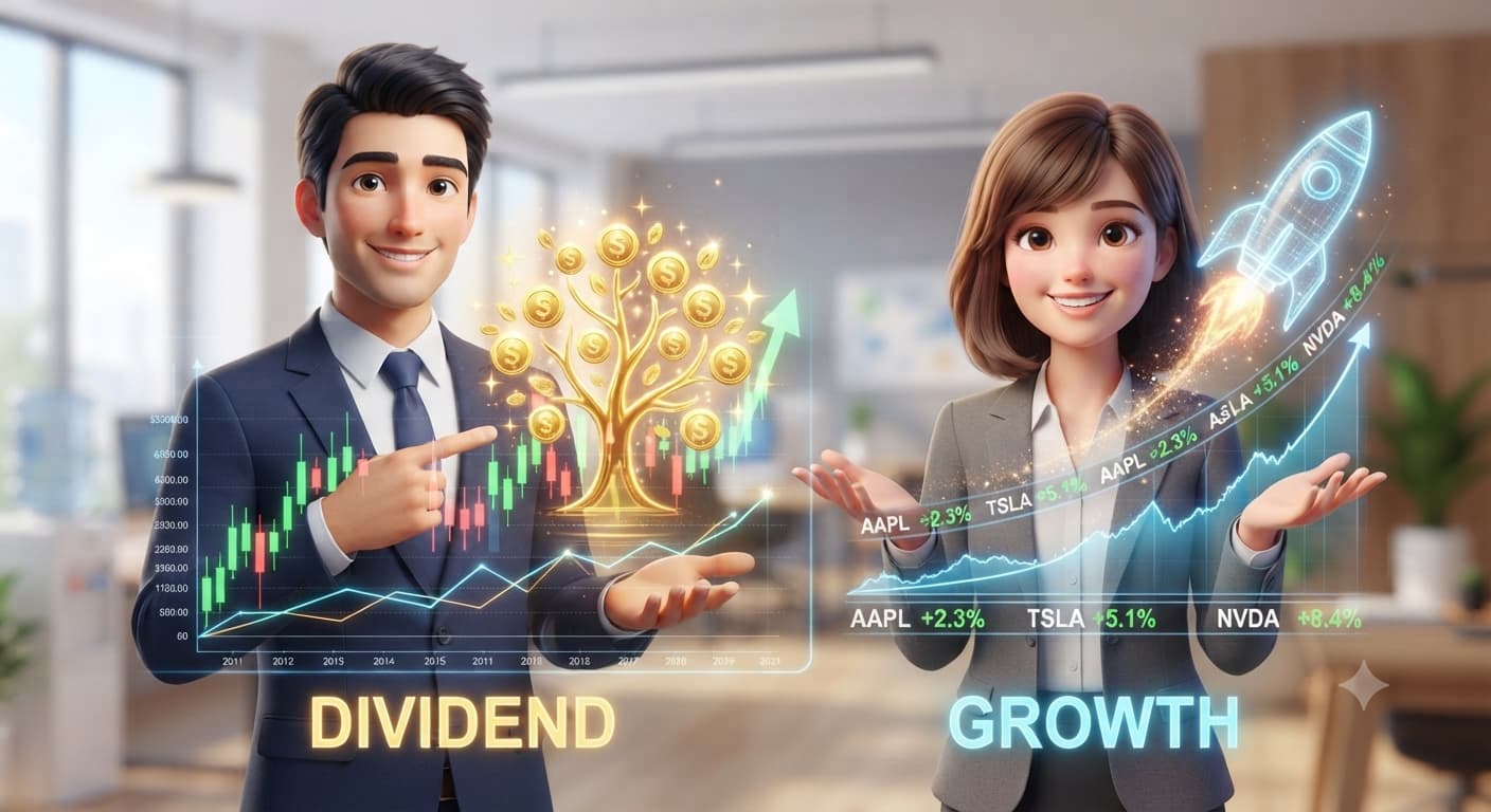 금융 투자 전략 비교: 배당(Dividend)과 성장(Growth)을 설명하는 3D 캐릭터와 홀로그램 차트