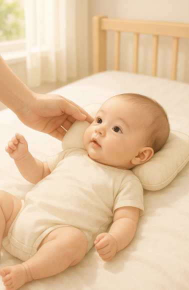 신생아의 머리 방향을 조심스럽게 바꿔주는 부모의 손