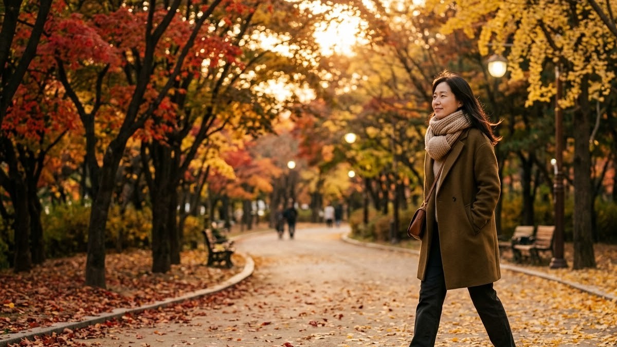 단풍이 든 공원 산책로를 머플러를 두르고 가볍게 걷는 40대 여성