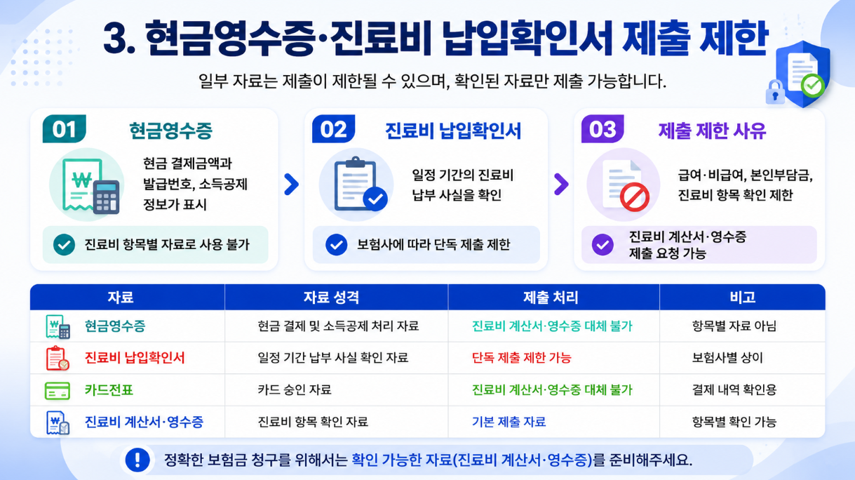 현금영수증과 진료비 납입확인서가 실손 청구 기본 자료를 대체하지 못하는 이유를 정리한 인포그래픽