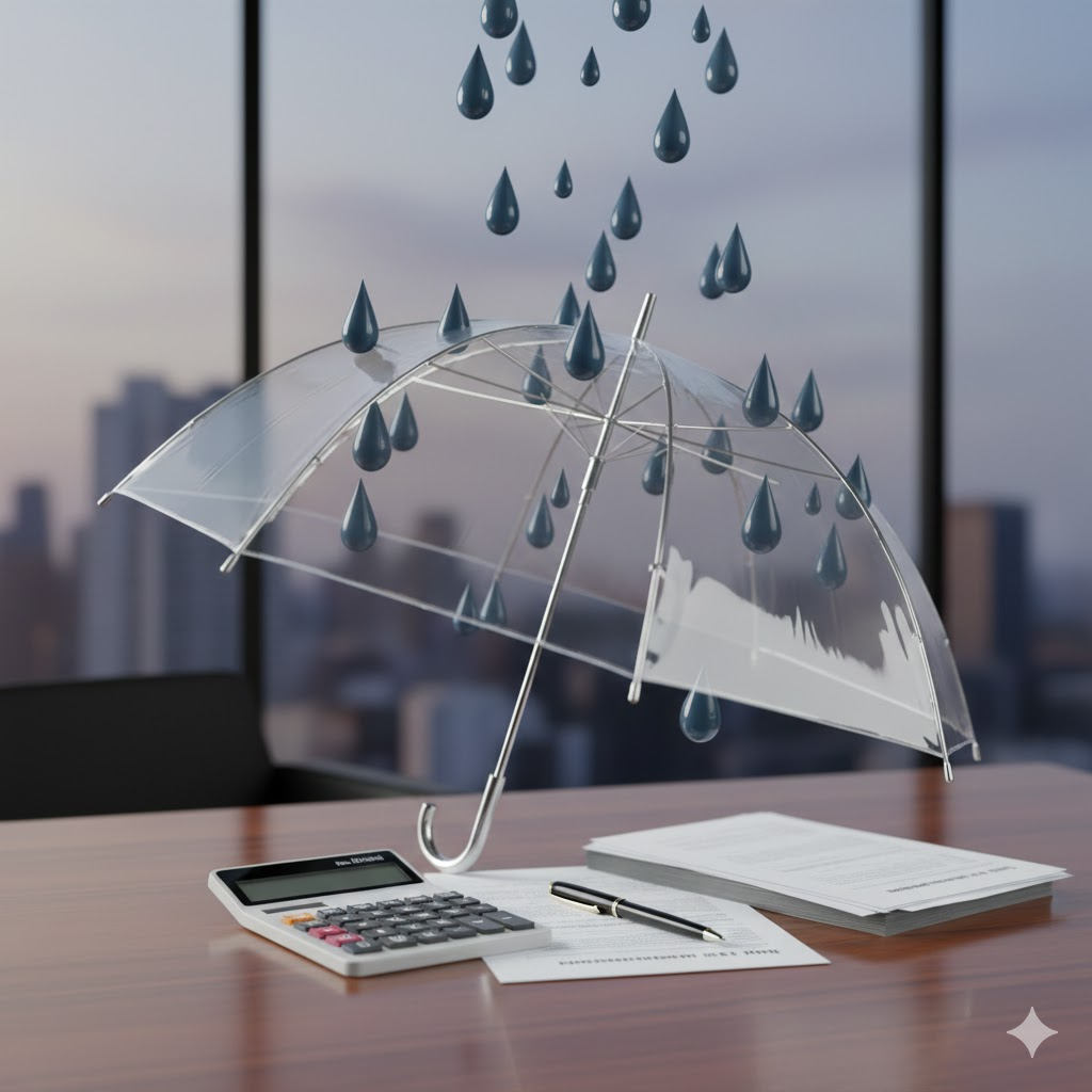 계산기와 세금 고지서 옆에 놓인 우산이 세금으로부터 자산을 보호하는 모습