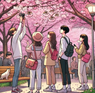 벚꽃 축제를 찾은 사람들의 모습을 표현한 이미지