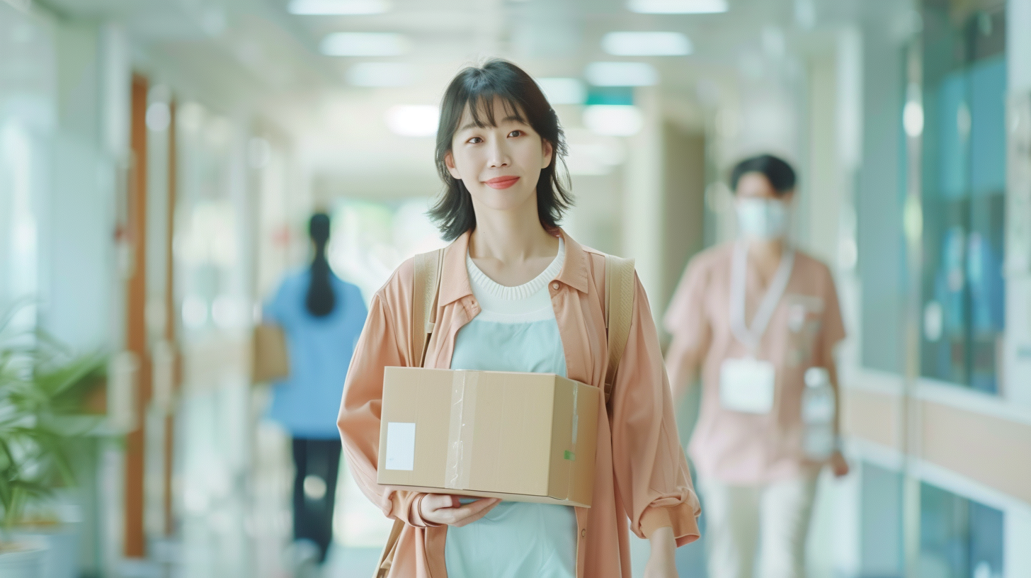 대학병원 복도에서 퇴직 후 짐을 들고 나가는 40대 한국 여성