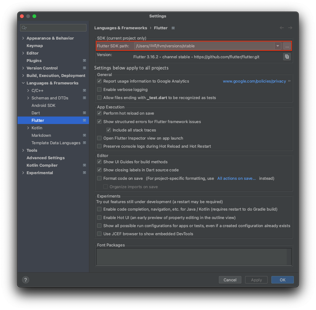 Android Studio &gt; Settings... &gt; Languages & Frameworks &gt; Flutter &gt; Flutter SDK path