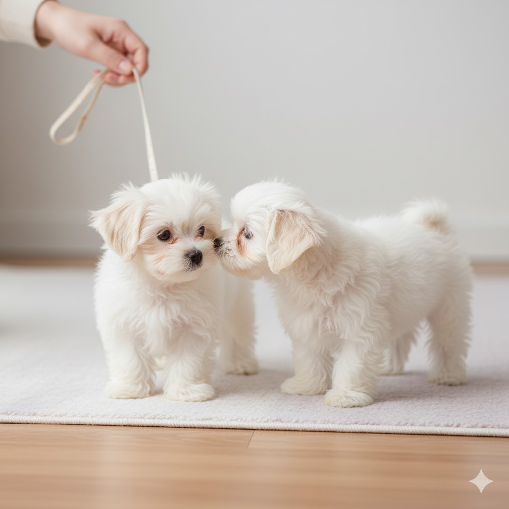 두 마리 말티즈 아기 강아지가 조심스럽게 서로의 냄새를 맡으며 인사하는 모습