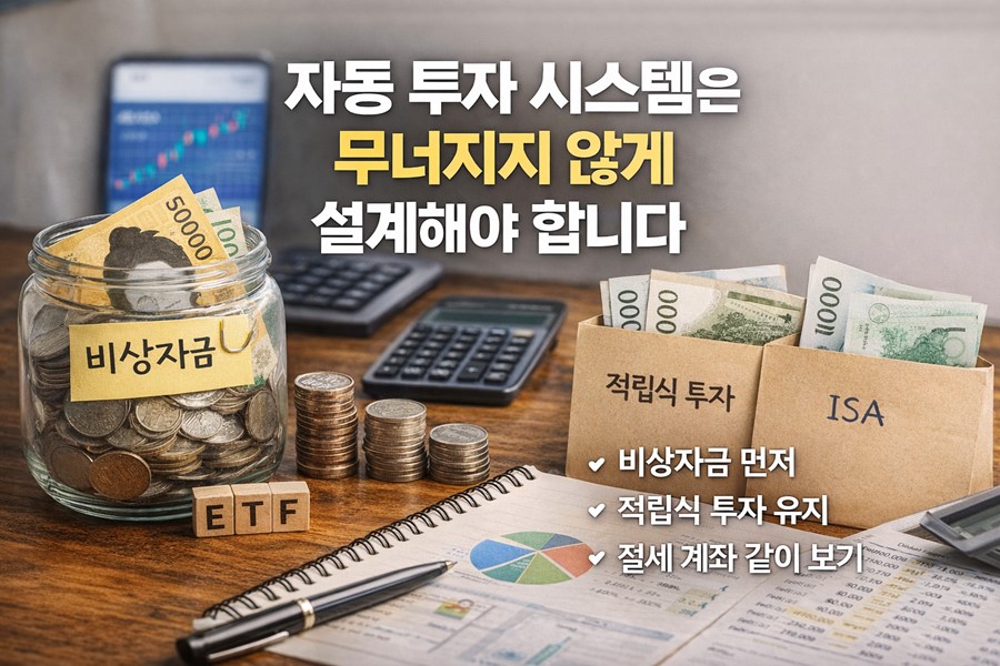 비상자금, 적립식 투자, 절세 계좌를 함께 점검하며 자동 투자 시스템을 안정적으로 유지하는 체크리스트 이미지