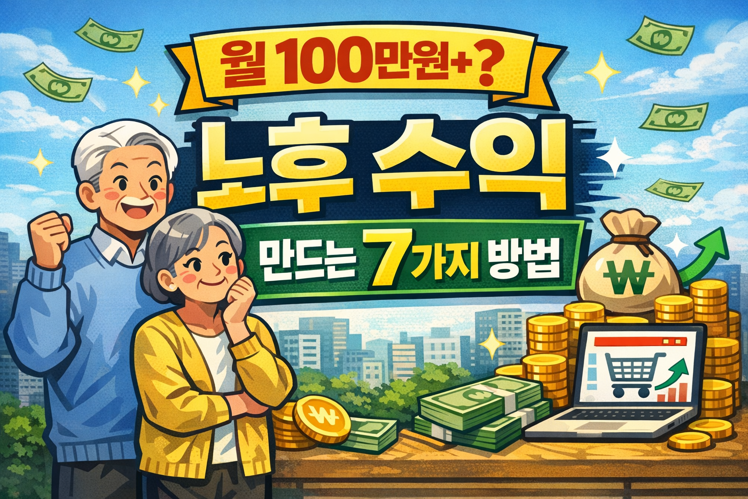 은퇴 후 노후 수익 만드는 방법으로 현금 흐름을 만든 부부가 행복하게 웃고 있다.