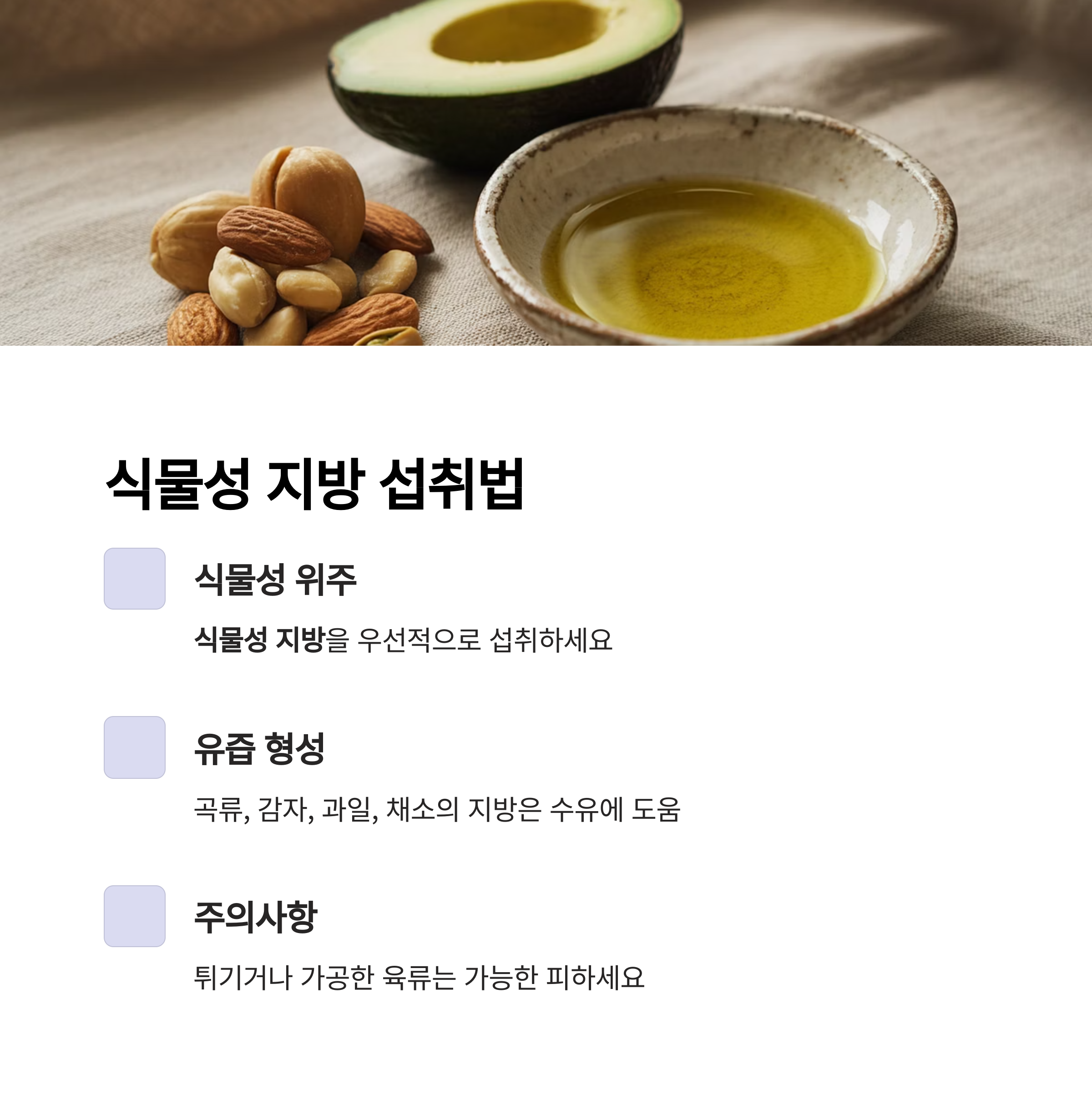 임산부를 위한 식물성 지방 섭취법과 유의사항을 설명한 인포그래픽 이미지