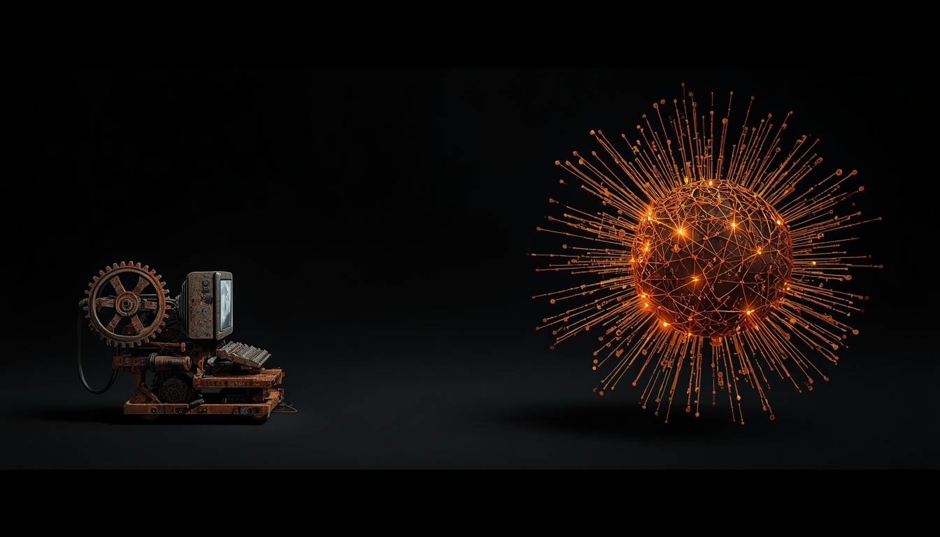 Evolution from mechanical gears to a glowing AI neural network.