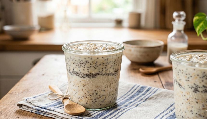 두유에 불린 오버나이트 오츠를 유리병에 담은 모습