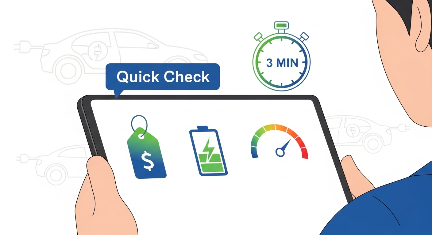 차량 가격, 배터리 성능, 효율성 아이콘이 있는 스마트폰을 보고 3분 만에 전기차 보조금을 확인하는 사람의 모습.
