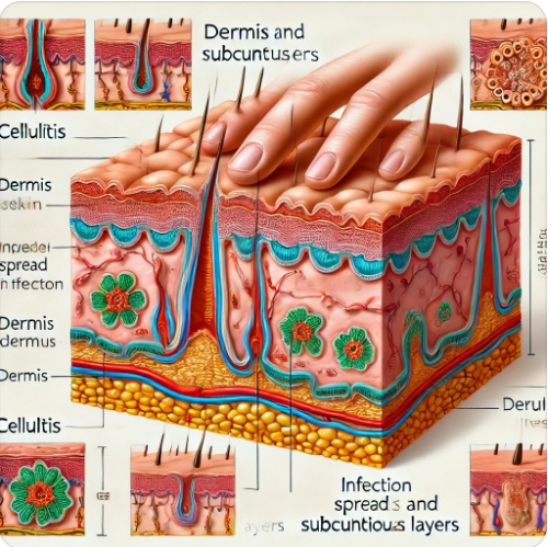 피부 해부도 기반 감염 진행 구조 &ndash; 진피&amp;#44; 피하층으로 퍼지는 염증 시각화