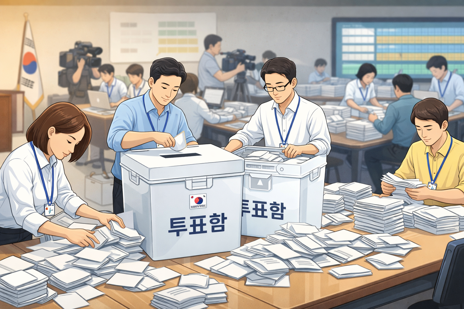 개표소에서 투표함을 정리하고 개표가 진행되는 장면