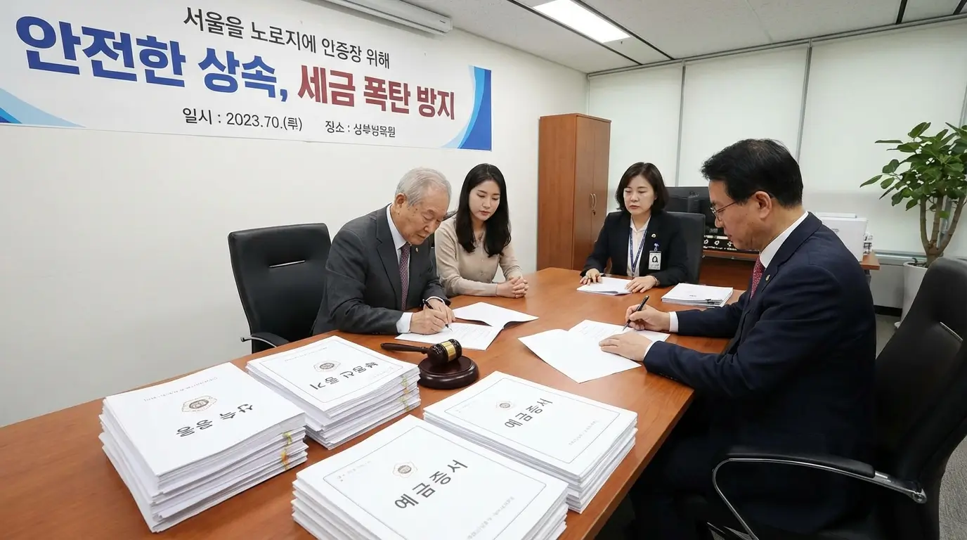 부동산 및 예금 상속 재산을 정확하게 나누고 세금 폭탄을 방지하기 위한 안전한 공증 절차를 보여주는 이미지