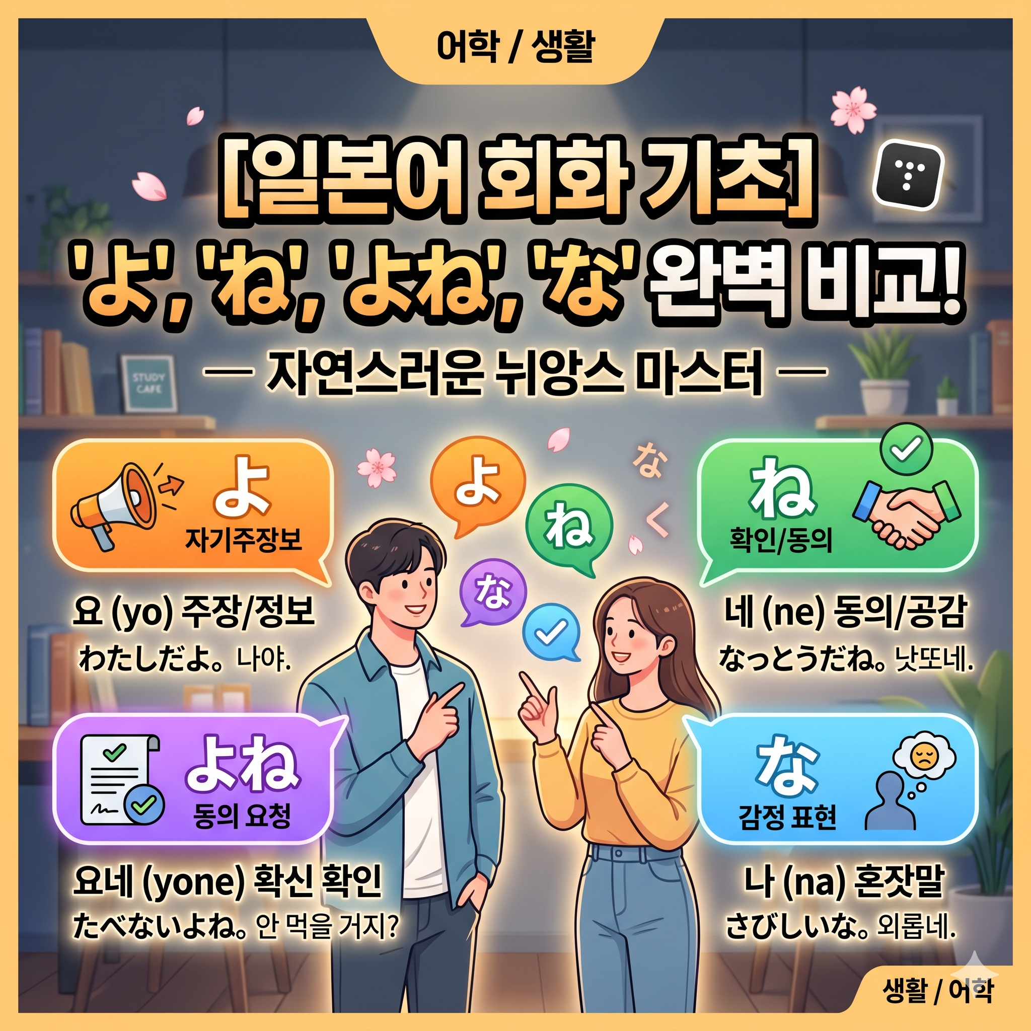 [일본어 회화 기본] 자연스러운 뉘앙스를 완성하는 종조사 'よ, ね, よね, な' 완벽 비교