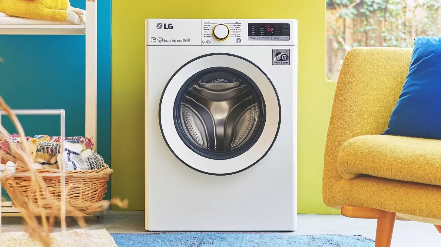 도심 아파트에 설치된 아주 세련되고 스타일리시한 LG 세탁기로 직관적인 조작 패널과 세련된 디자인을 보여주는 모습