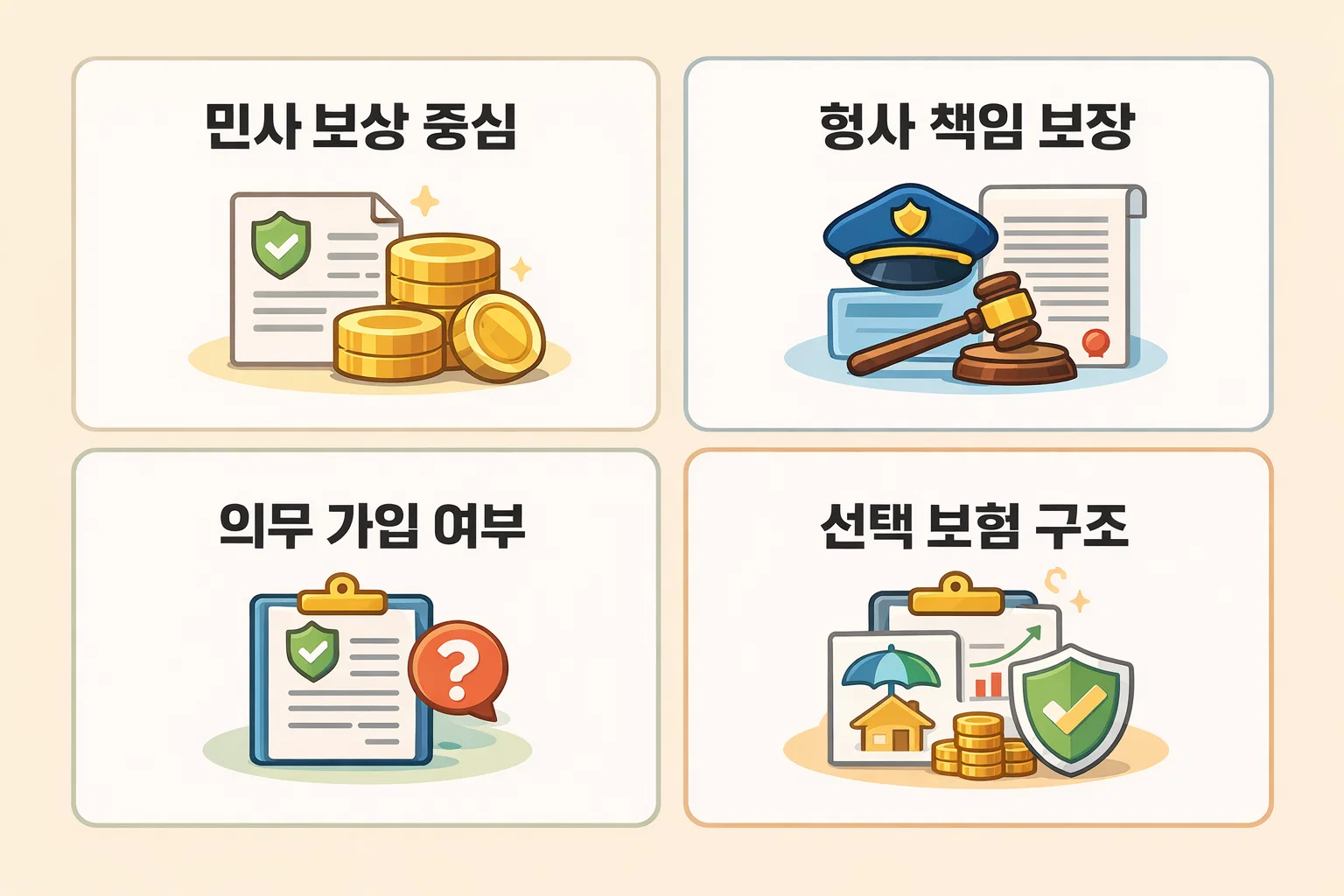 운전자보험과 자동차보험의 민사 보상 형사 책임 보장 여부 차이를 항목별로 비교해 이해를 돕는 이미지