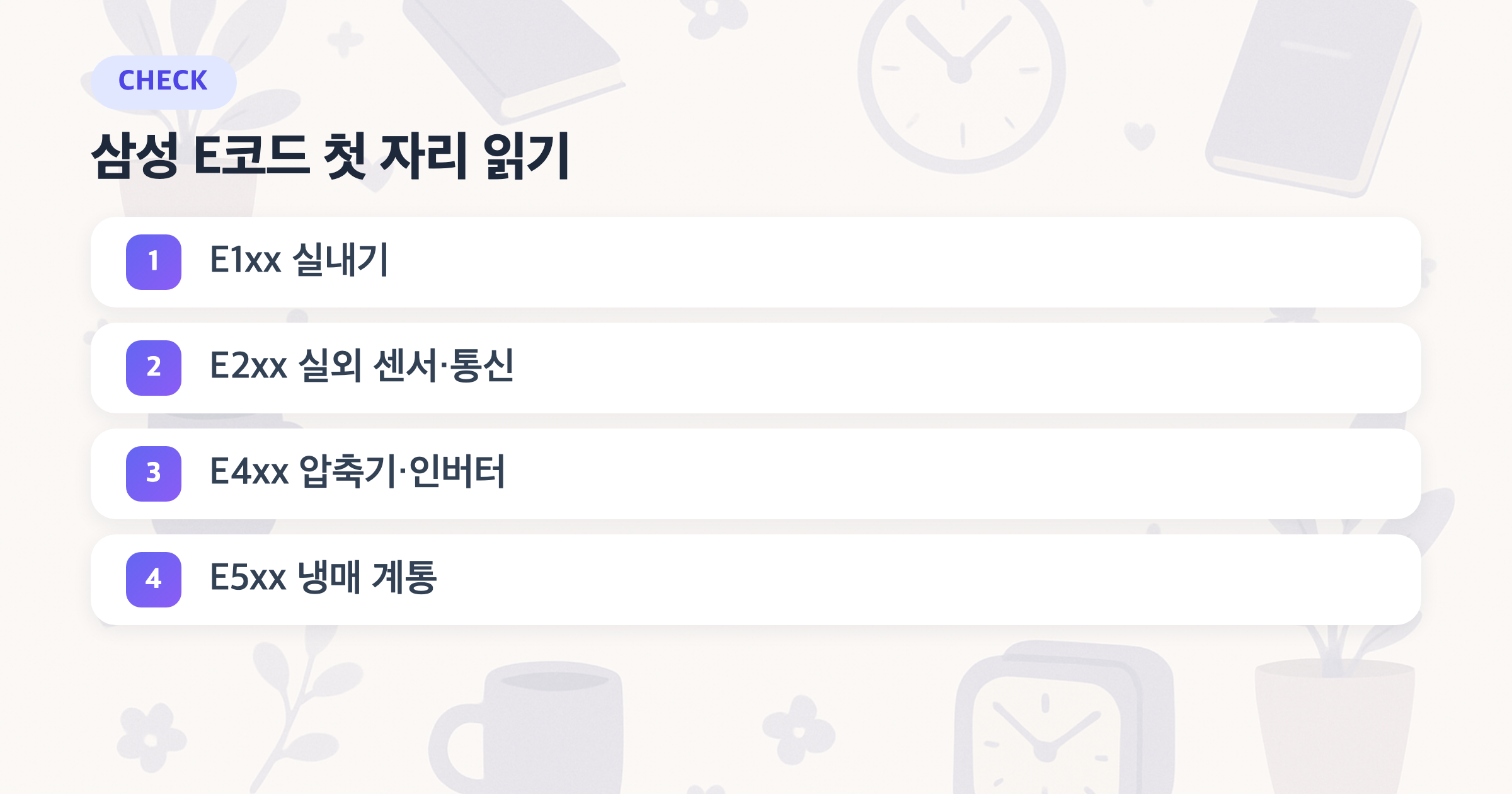 삼성 E코드 첫 자리 읽기: E1xx 실내기, E2xx 실외 센서·통신, E4xx 압축기·인버터, E5xx 냉매 계통
