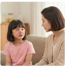 딸이 속상한 표정으로 엄마에게 이야기하는 모습