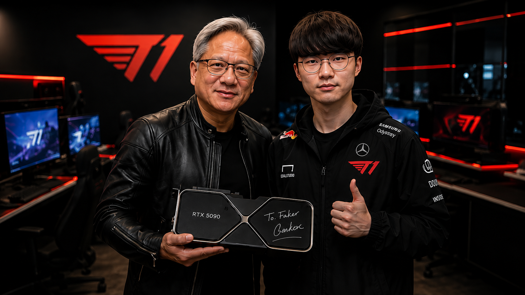 Jensen Huang and Faker posing together at a T1 esports center with an NVIDIA graphics card