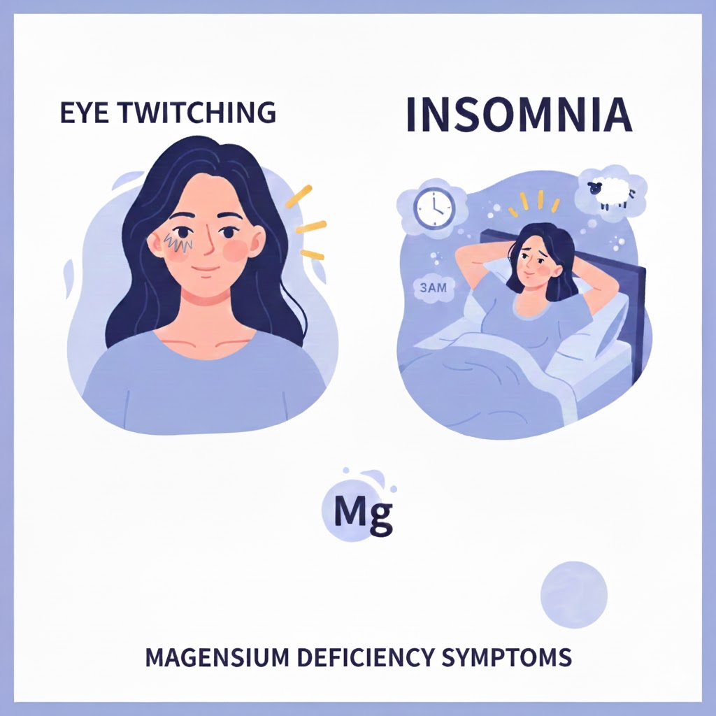 마그네슘 부족 증상으로 인한 눈 밑 떨림과 불면증을 설명하는 건강 일러스트