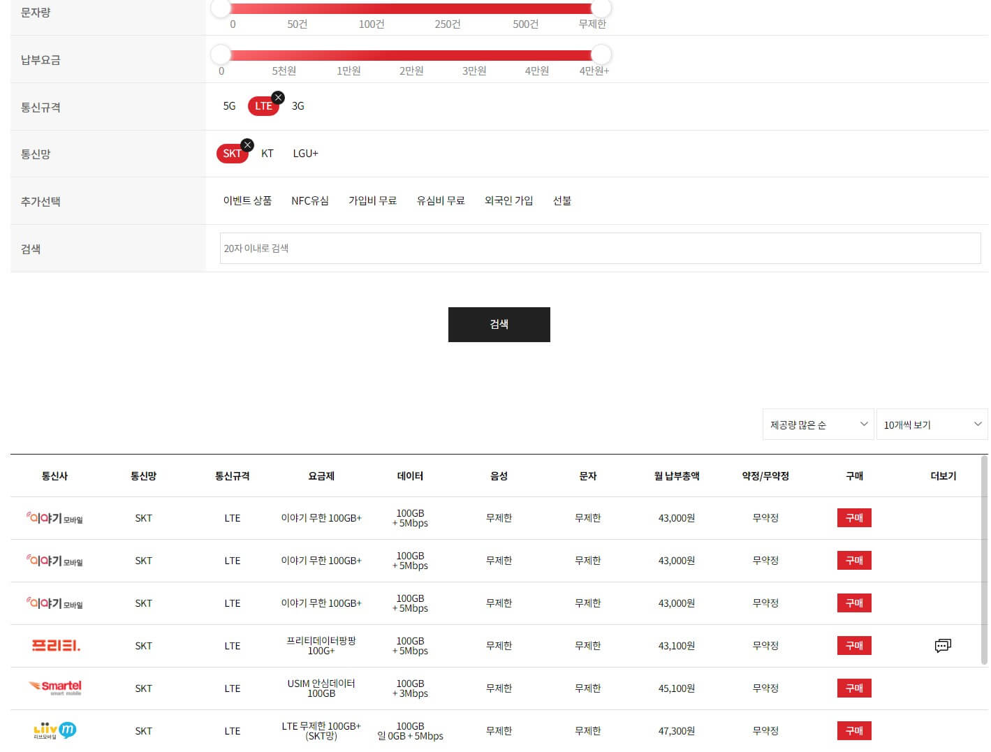 알뜰폰 허브 요금제 비교