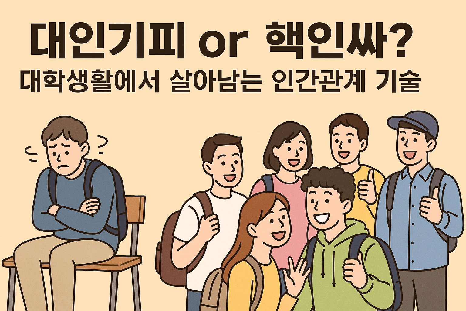대인기피-or-핵인싸?-대학생활에서-살아남는-인간관계-기술-외로운-학생과-어울리는-학생들-대조-장면