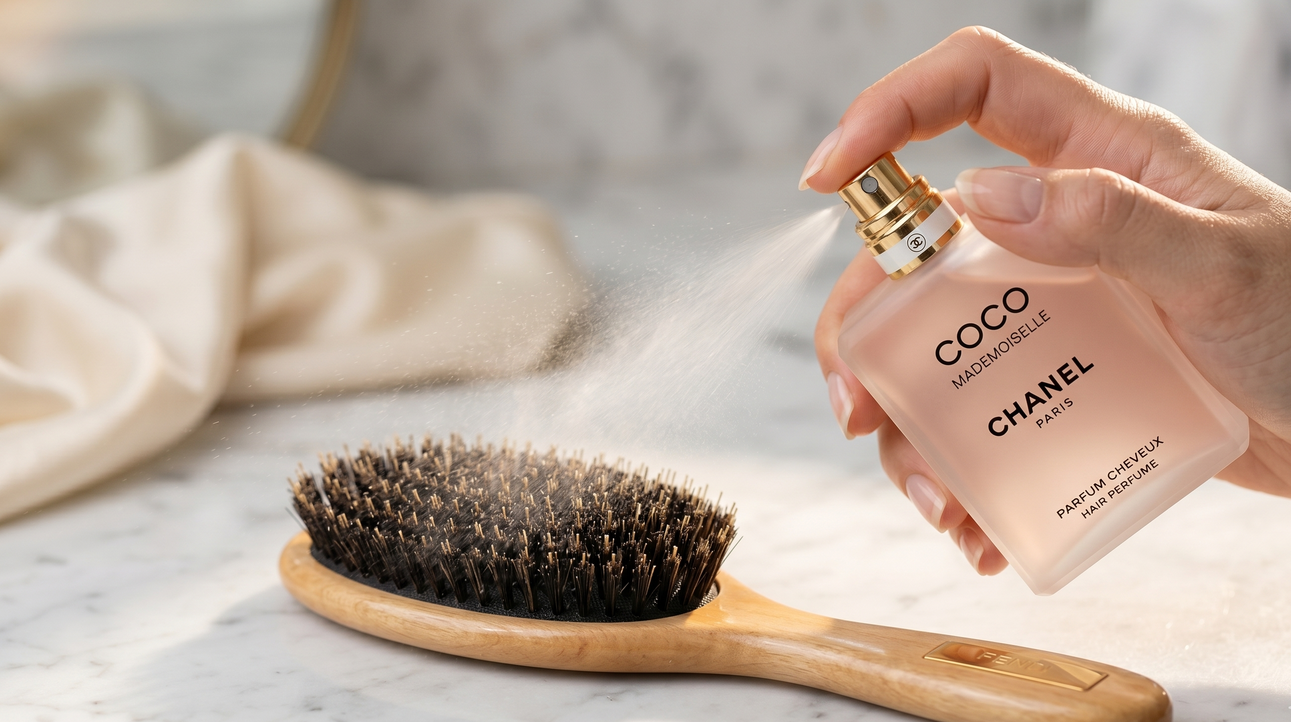 헤어 브러시에 샤넬 미스트를 뿌려 사용하는 모습