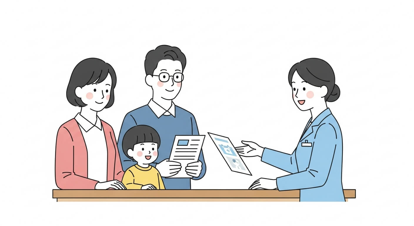 접수 창구에서 직원이 가족에게 안경렌즈 지원 신청 절차를 안내하는 장면 2