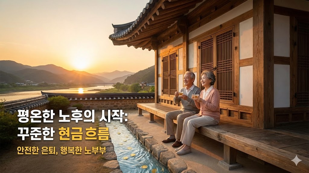 붉게 물든 노을을 배경으로, 튼튼한 집 앞에 앉아 여유롭게 차를 마시며 환하게 웃고 있는 노부부. 그들 곁에는 '현금 흐름'이라는 이름의 시냇물이 잔잔하게 흐르는 평화로운 모습