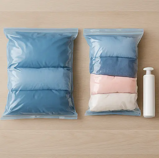 패딩과 옷을 압축팩에 넣고 공기를 빼서 부피를 줄이기