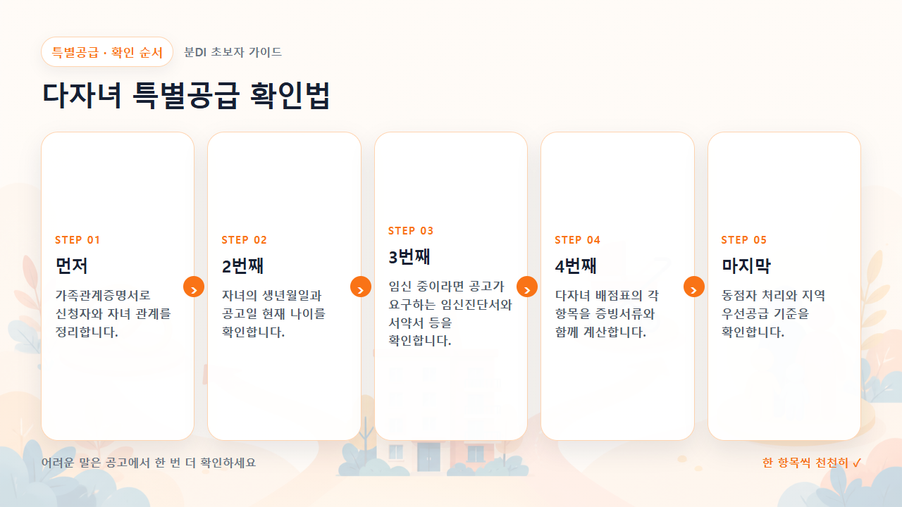 다자녀 특별공급 확인법 확인 순서를 다섯 단계로 보여주는 흐름도