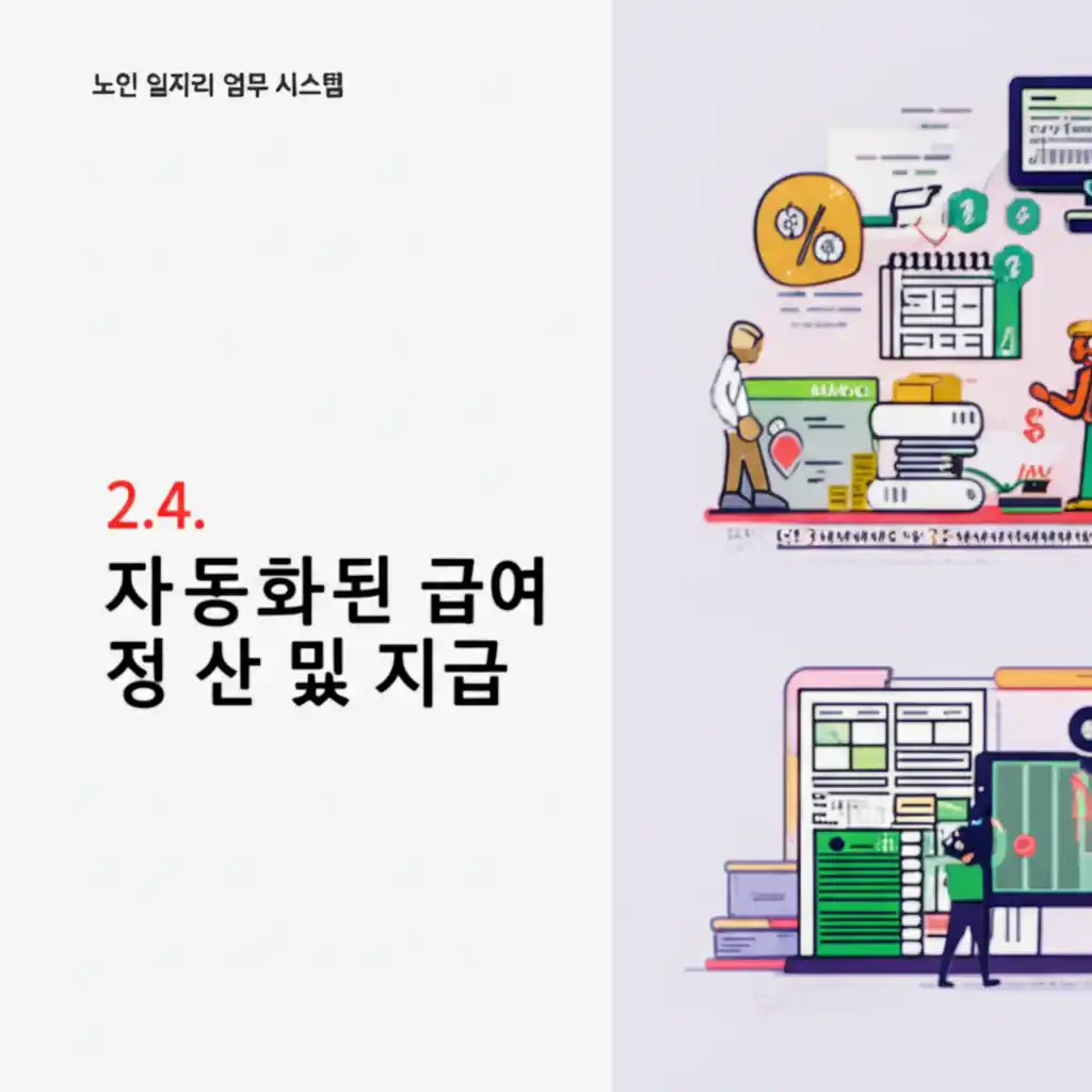 노인 일자리 업무 시스템, 자동화된 급여 정산 및 지급 화면. 정확성과 신속성을 강조합니다.