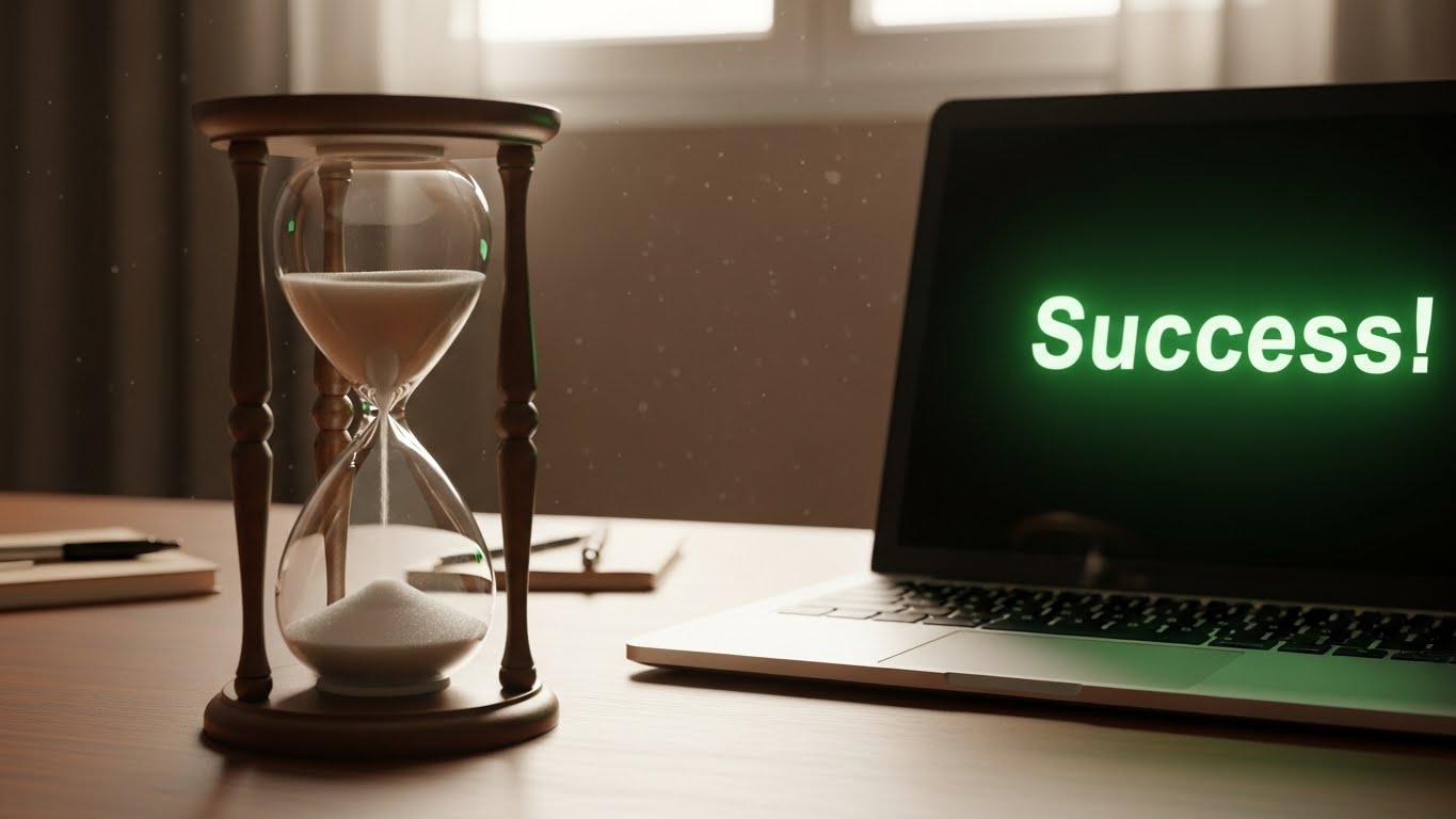 사전입력 서비스를 통해 시간을 절약하고 접수에 성공한 것을 상징하는 이미지