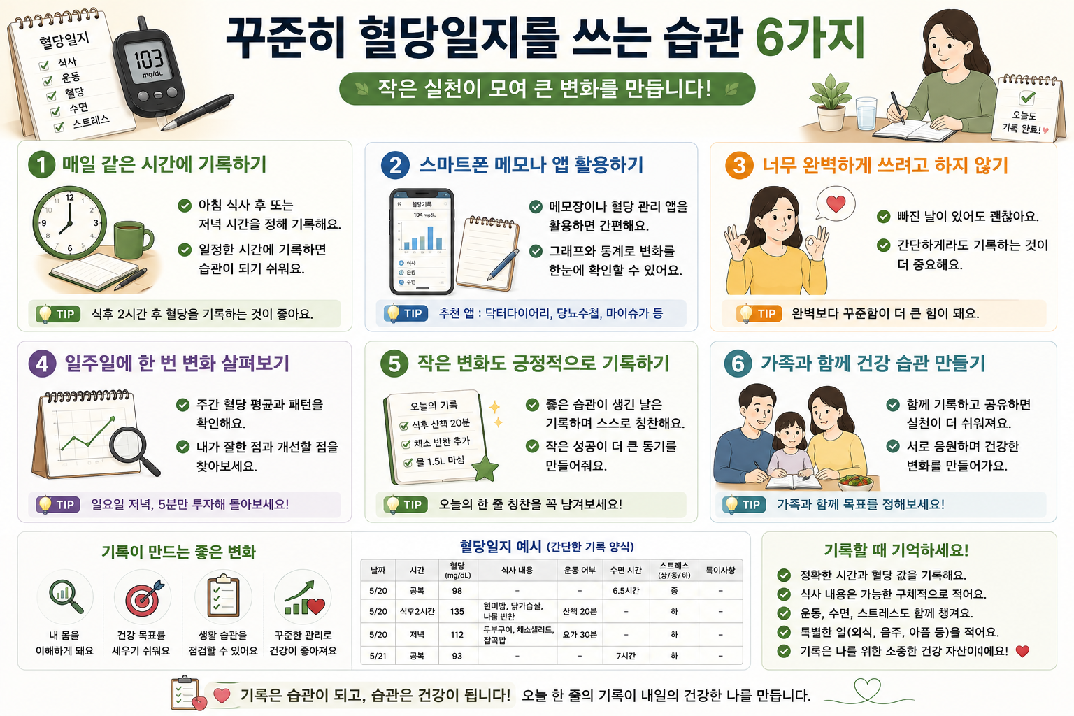 혈당일지 기록 습관을 설명하는 그림