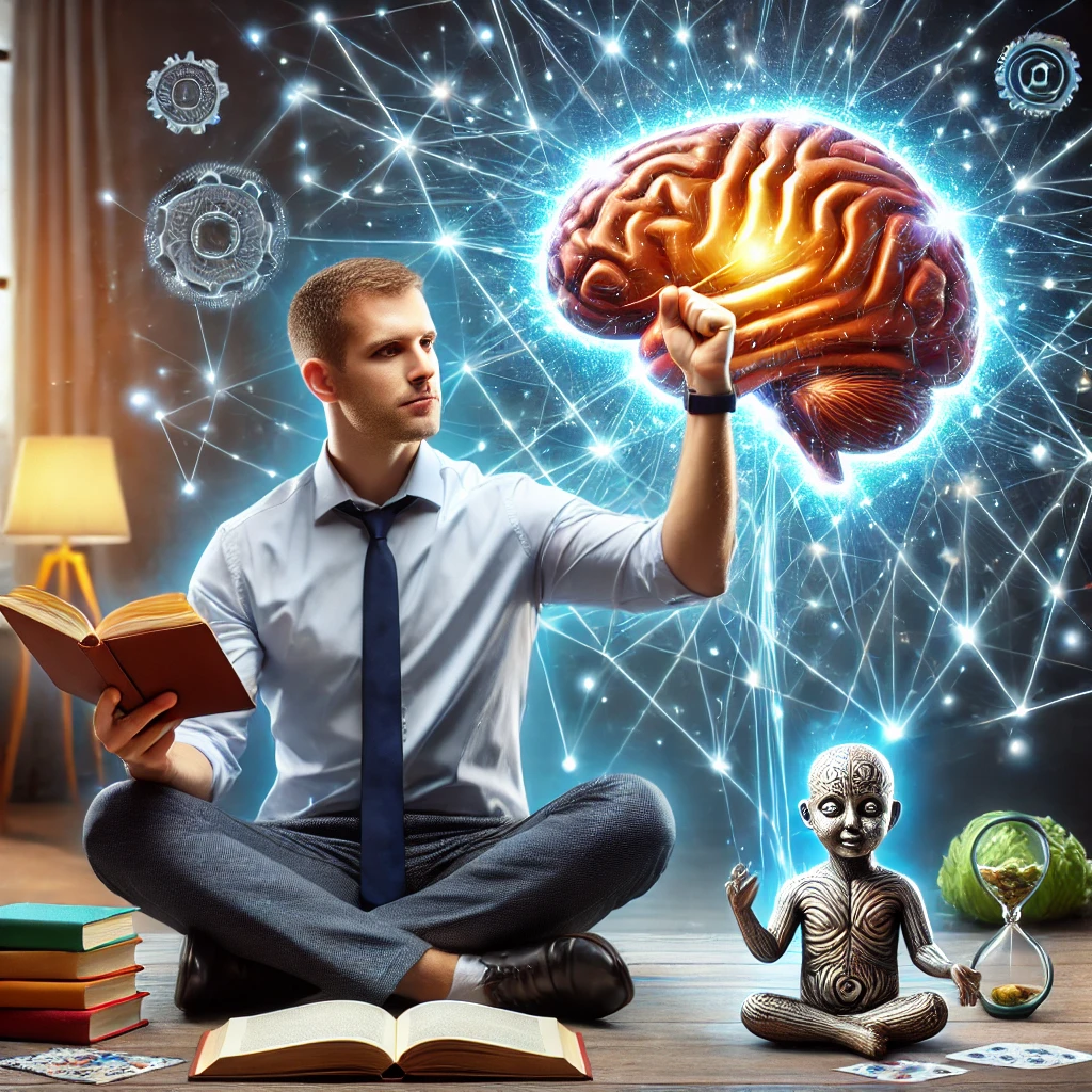 "퍼즐을 풀고 독서를 하며 마인드 트레이닝을 하는 남성, 배경에는 빛나는 뇌가 인지 기능 향상을 상징"