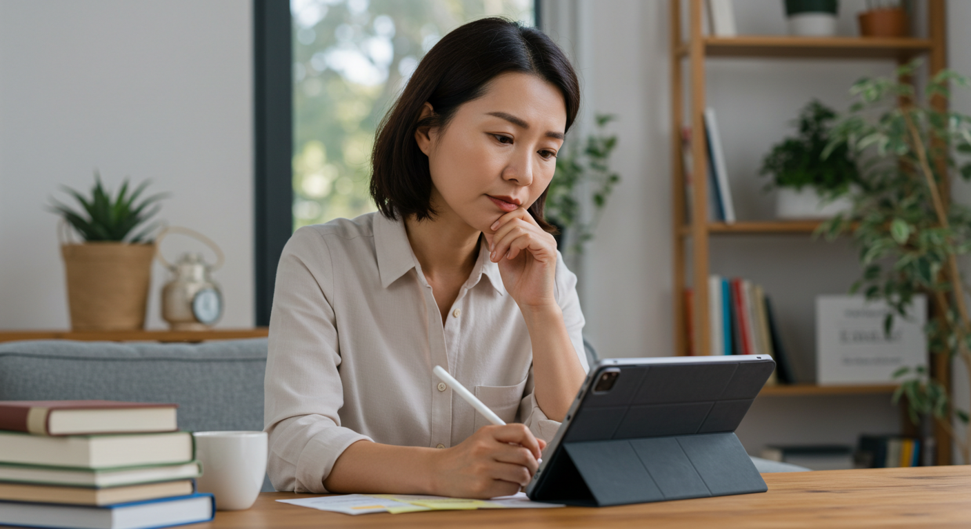 alt="블로그 독자의 검색 의도를 메모하는 여성"