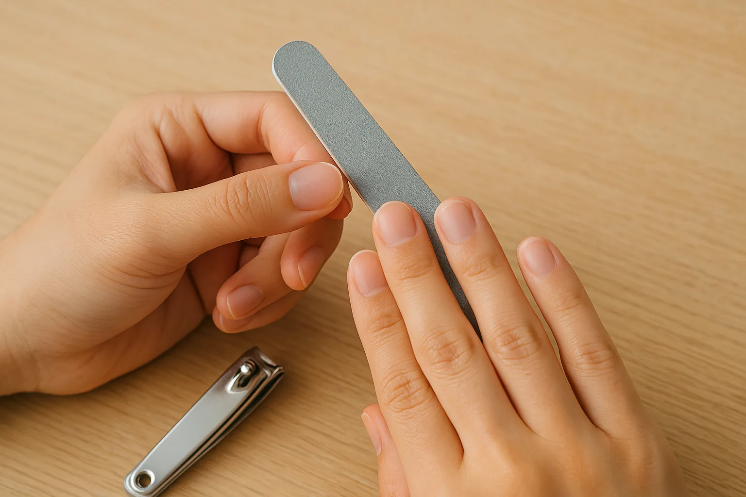 손톱깎이와 네일 파일로 손톱을 깔끔하게 관리하는 손