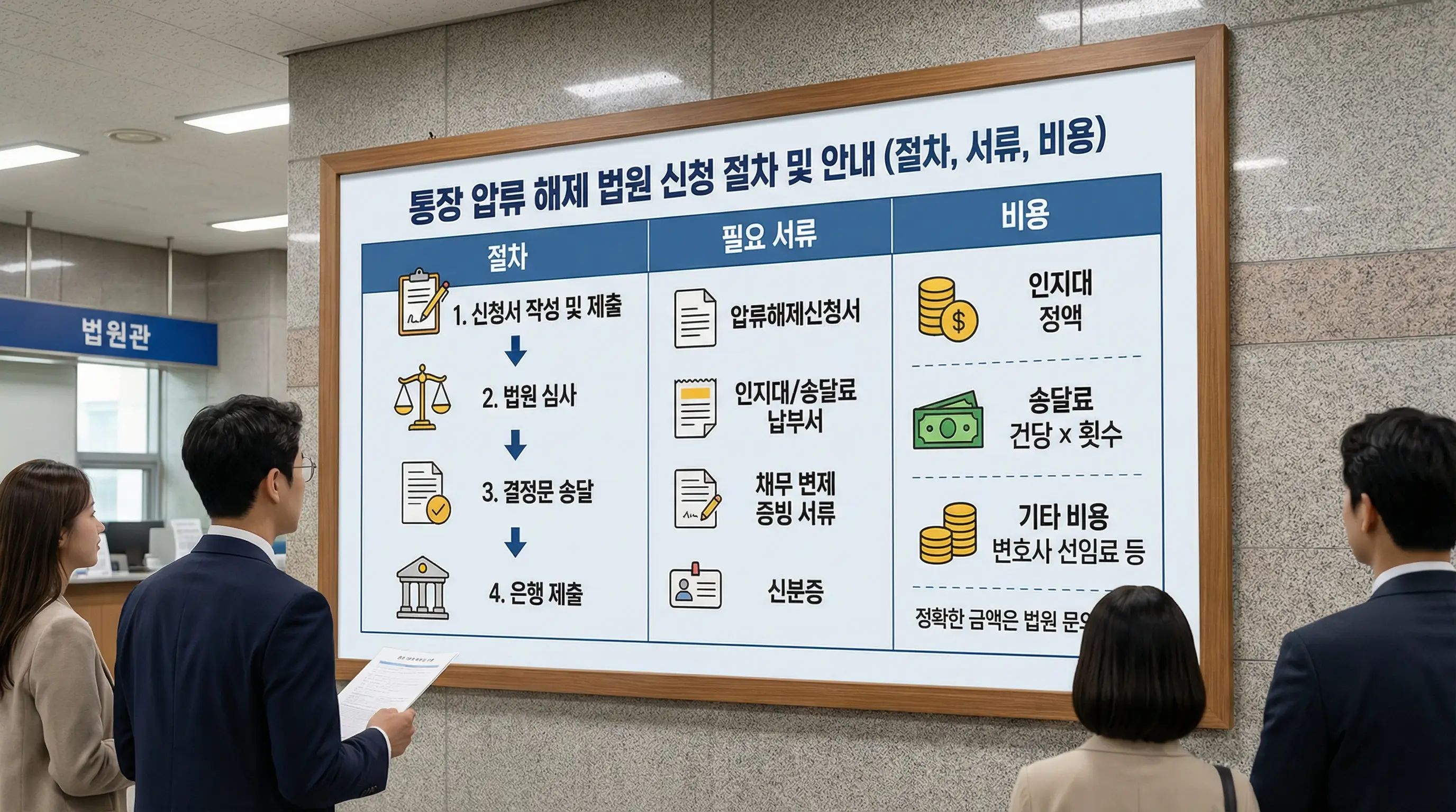 통장 압류 해제를 위한 법원 신청 절차와 필요 서류, 비용을 안내하는 표