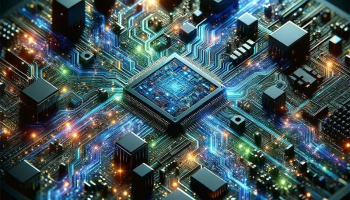빛나는 회로와 중앙 반도체 칩이 강조된 이미지